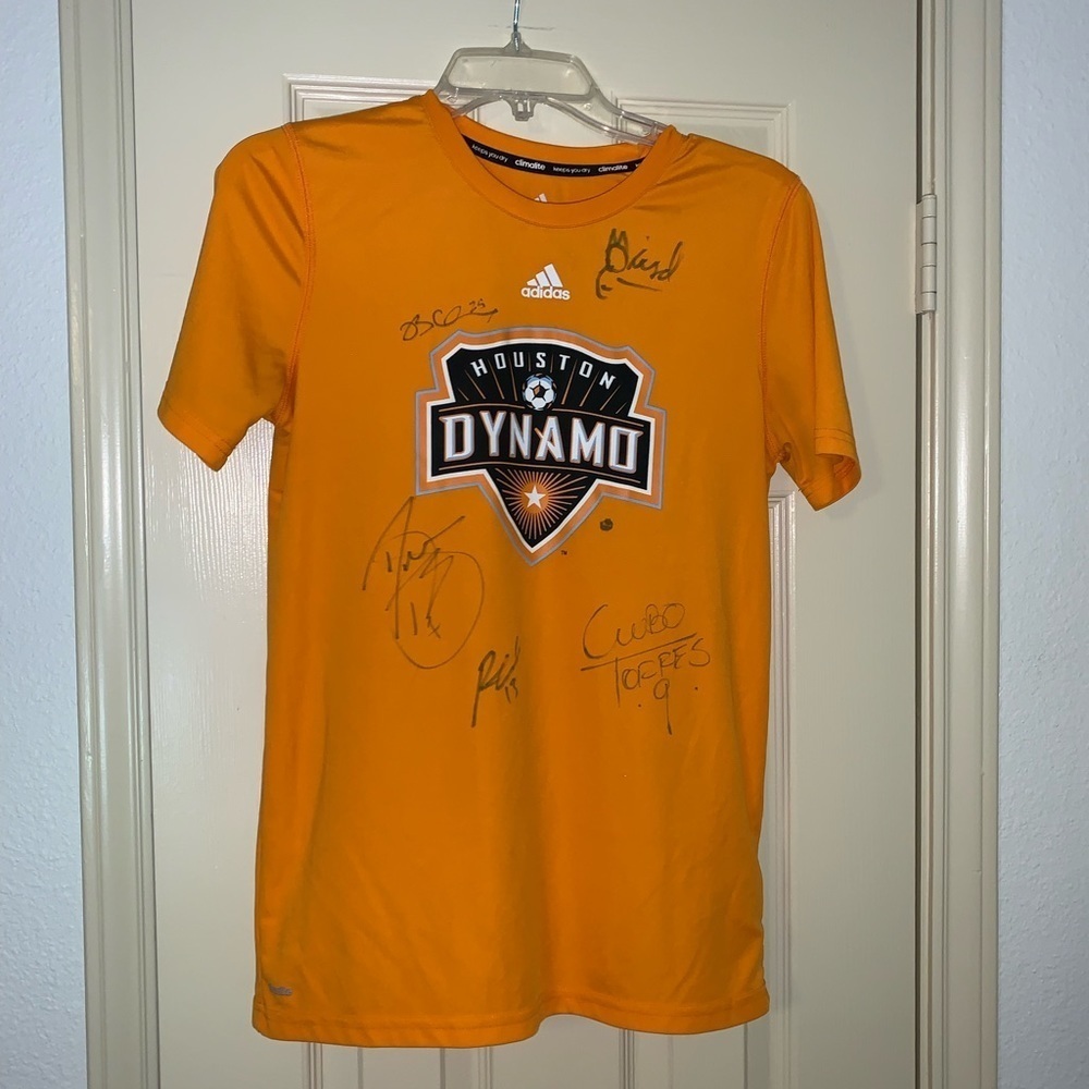YOUNG MENS HOUSTON DYNAMO AUTOGRAPHED SOCCER ADIDAS SHIRT ORANGE LARGE 14-16